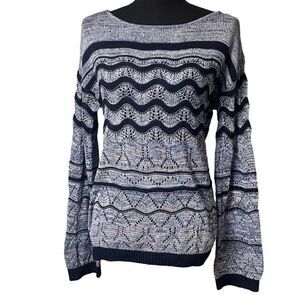 Evolution Blue Confetti Ric-Rac Open Knit Pullover Sweater